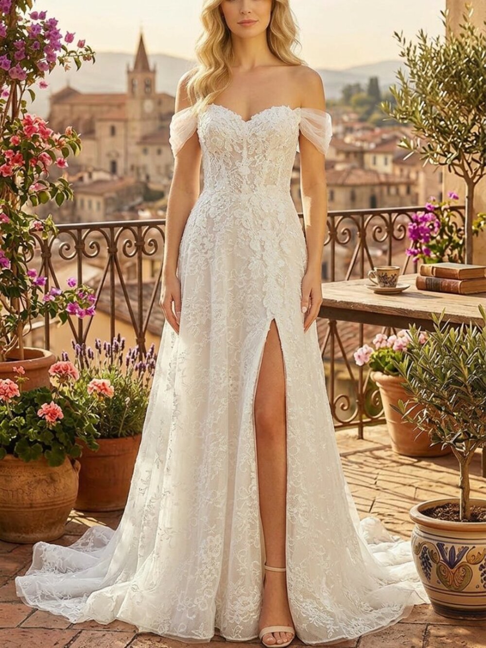 OFF THE SHOULDER WEDDING DRESS, LACE EMBELLISHED NEW BRIDAL GOWN